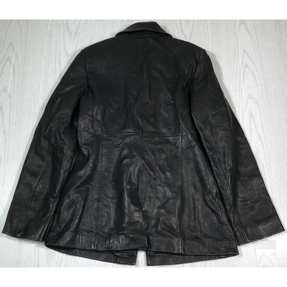 Womens Black Express Leather Jacket 7/8 Button Up Pockets Lined Preppy Classic
